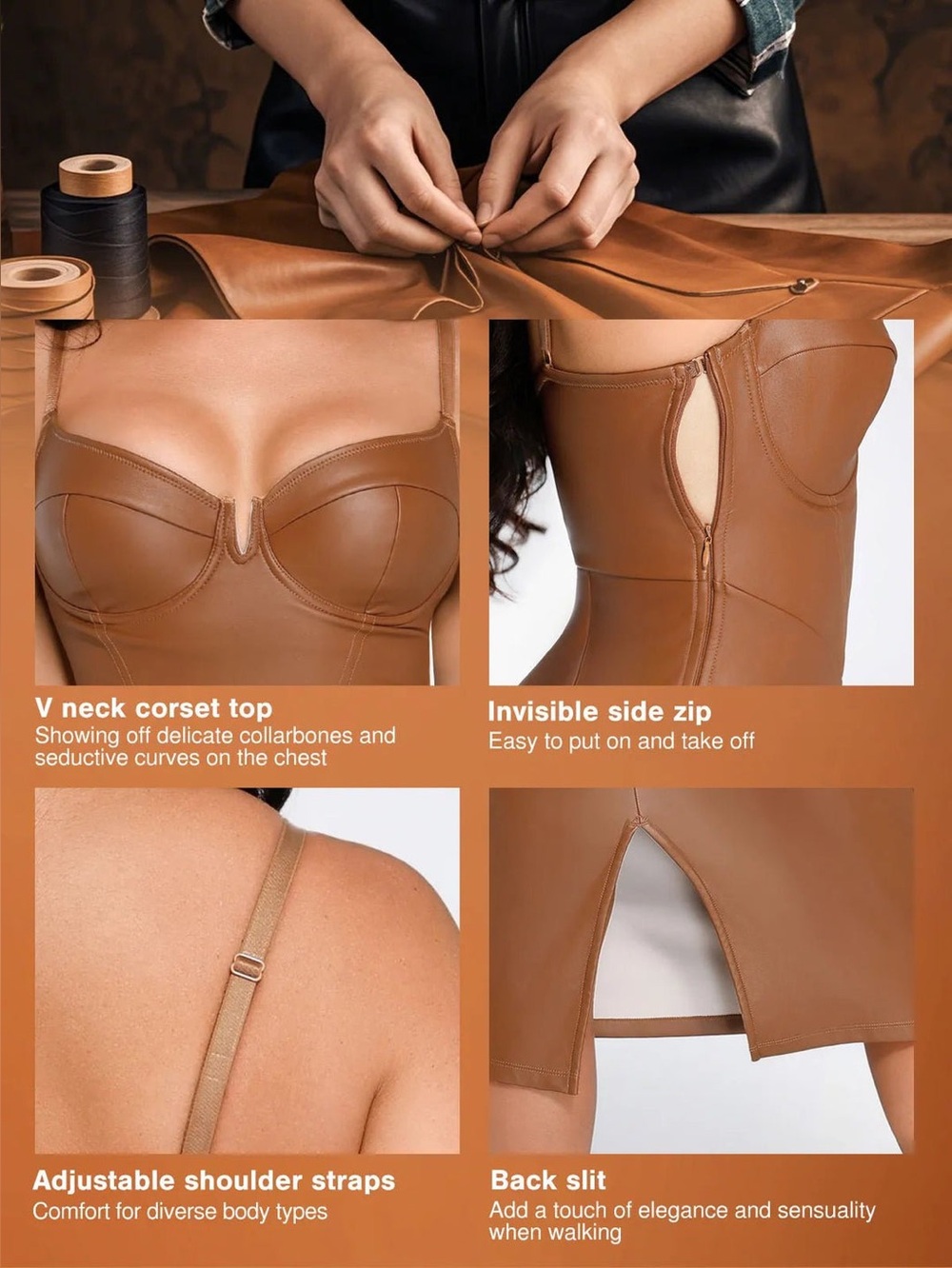Popilush Shapewear Faux Leather Hourglass Corset Midi Dress - Picture 5 of 15